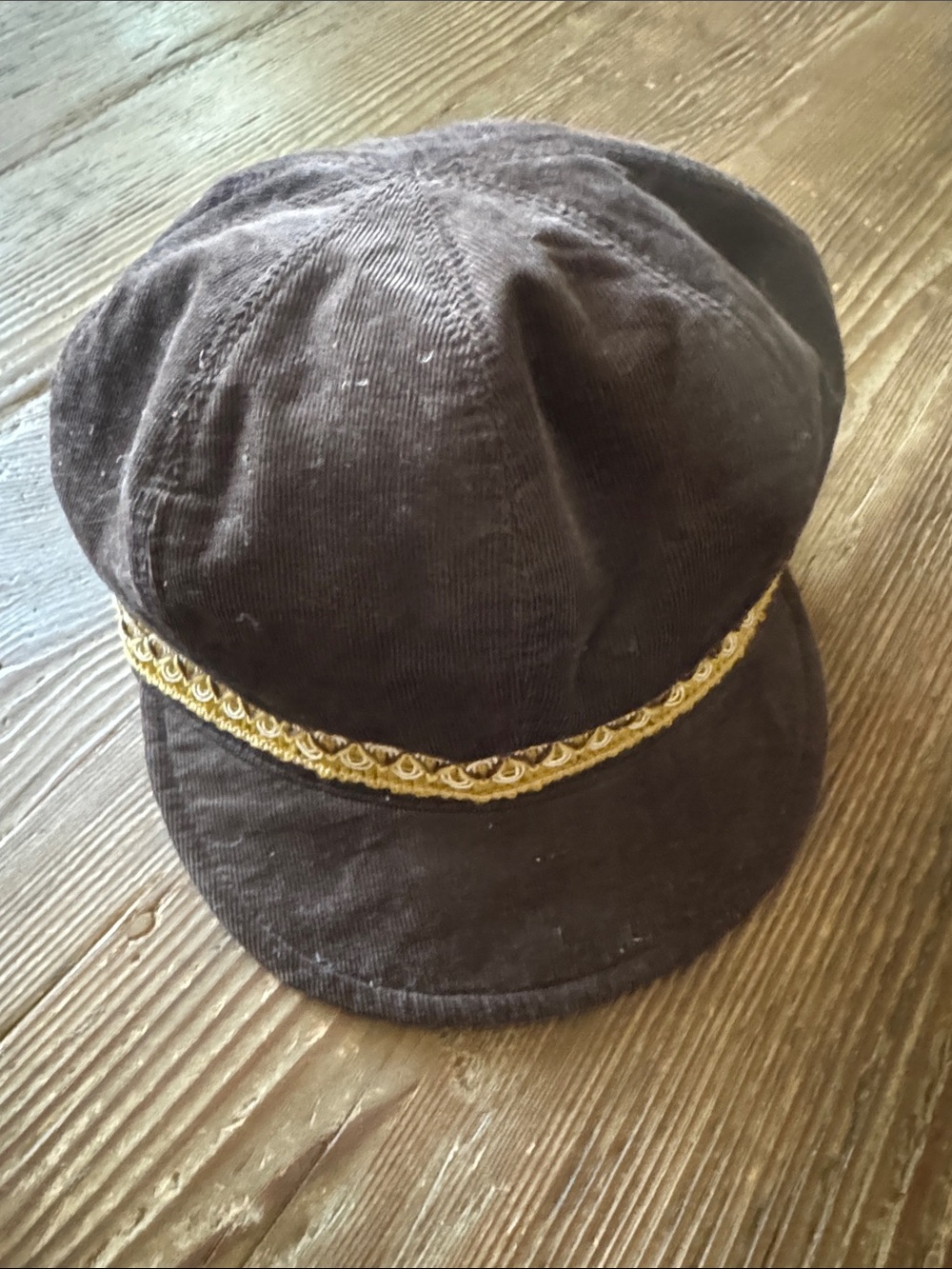 August Hats Brown Corduroy Cap with Gold Braided Band